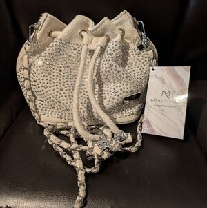 NWT Natalie Mills Rena Faux Suede Drawstring Bucket Bag Tan Silver Rhinestones